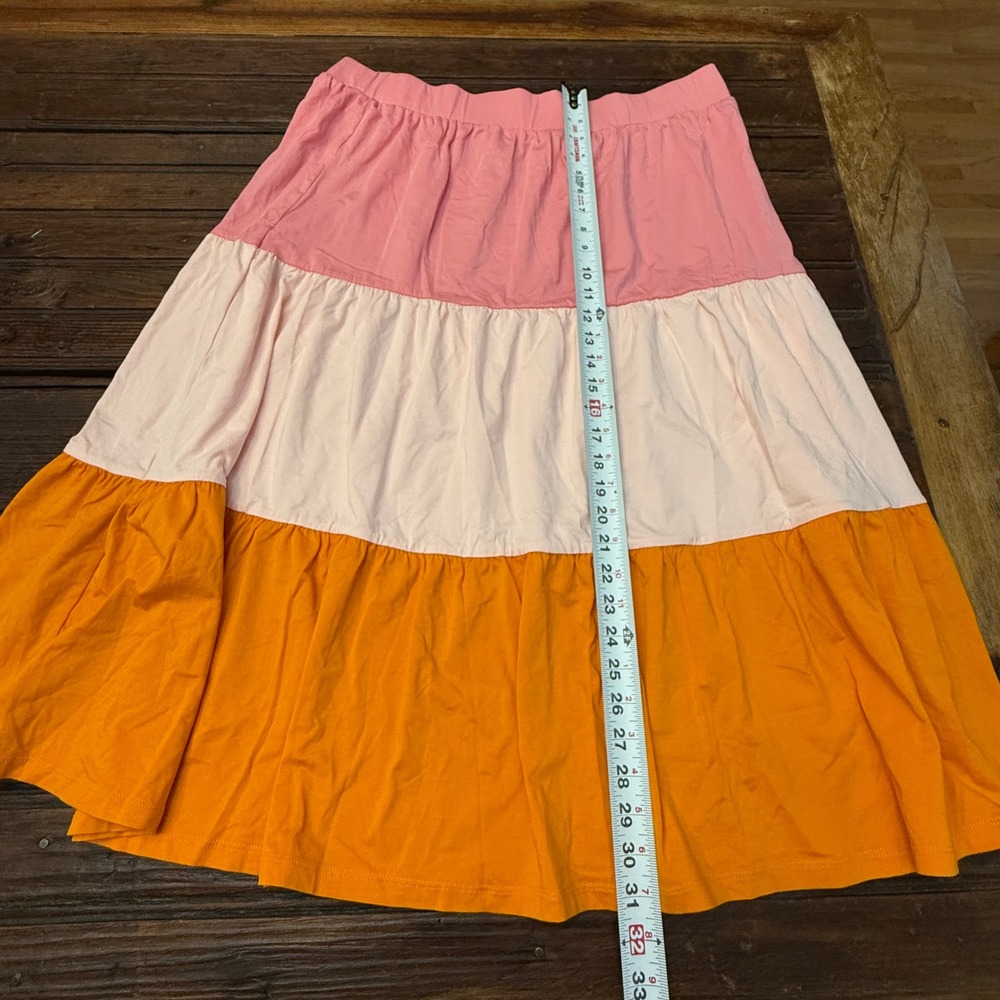 Lands End Womens 1X Colorblock Tiered Midi Skirt Pink Orange Cotton Modal NEW - Picture 9 of 9